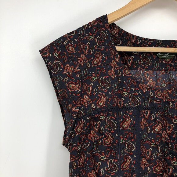 Eddie Bauer Navy burgundy Paisley cap sleeve button front lace cutout blouse Med - Picture 7 of 15